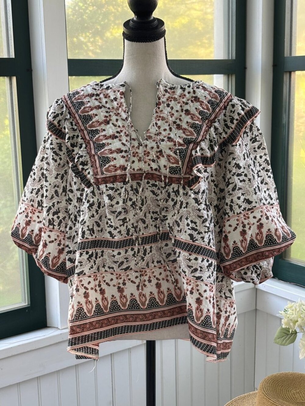 Calypso St. Barth Paisley Block Print Ruffle Blouse | Ivory, Black | Size L